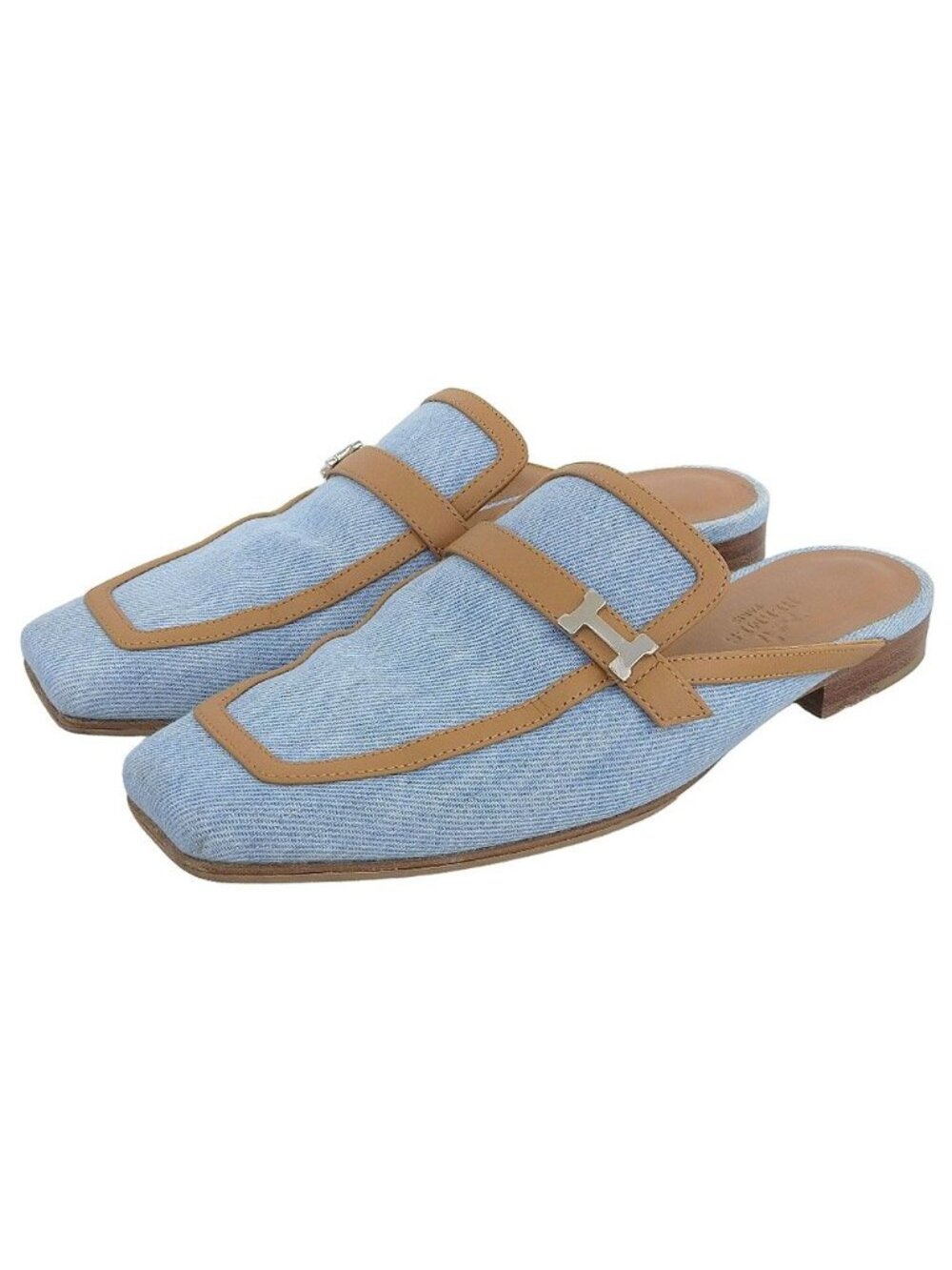 Hermes Denim Leather Groupie Square Toe Mules Shoes Light Blue Brown